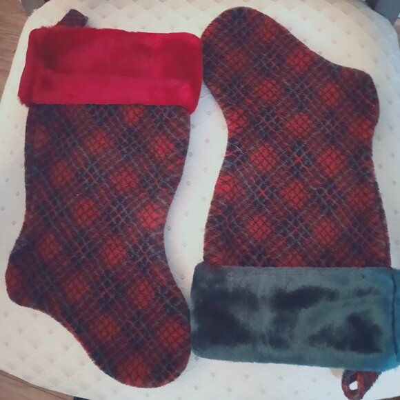 23 RED Ornaments & Two Furry Velvet Plaid Traditional Christmas Stockings - Picture 2 of 7